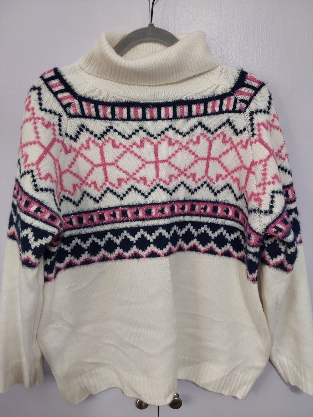 Maurices Cream Fair Isle Turtleneck Sweater with Pink & Navy Accents